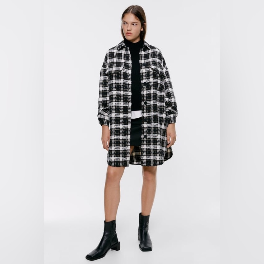 Zara Black White Plaid Button Down Overshirt Jacket